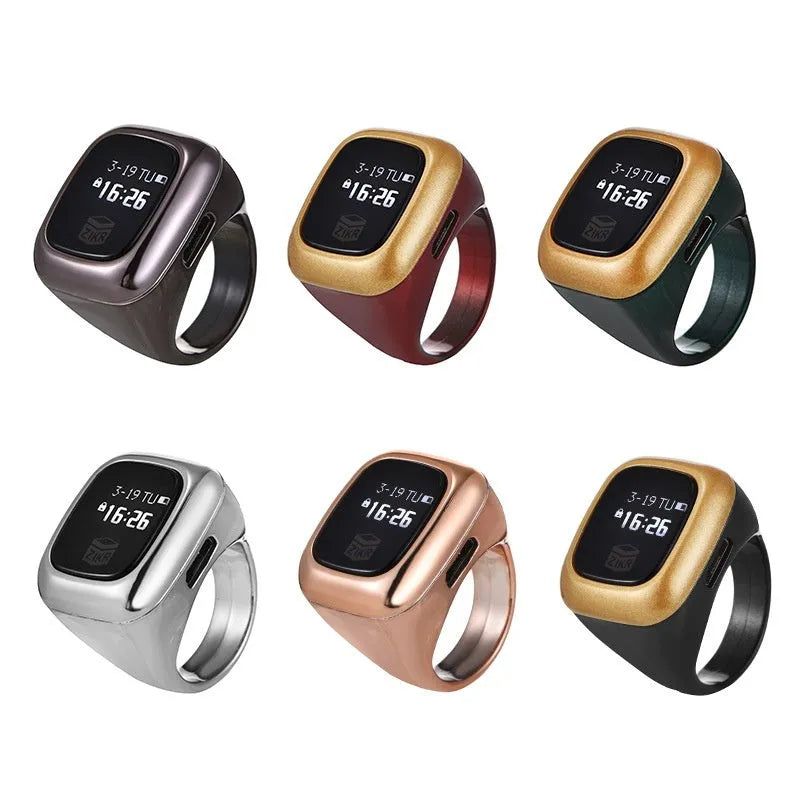 Al-Fatiha Zikr digital wrist counter on strap, showing display screen, available in multiple colours and sizes.