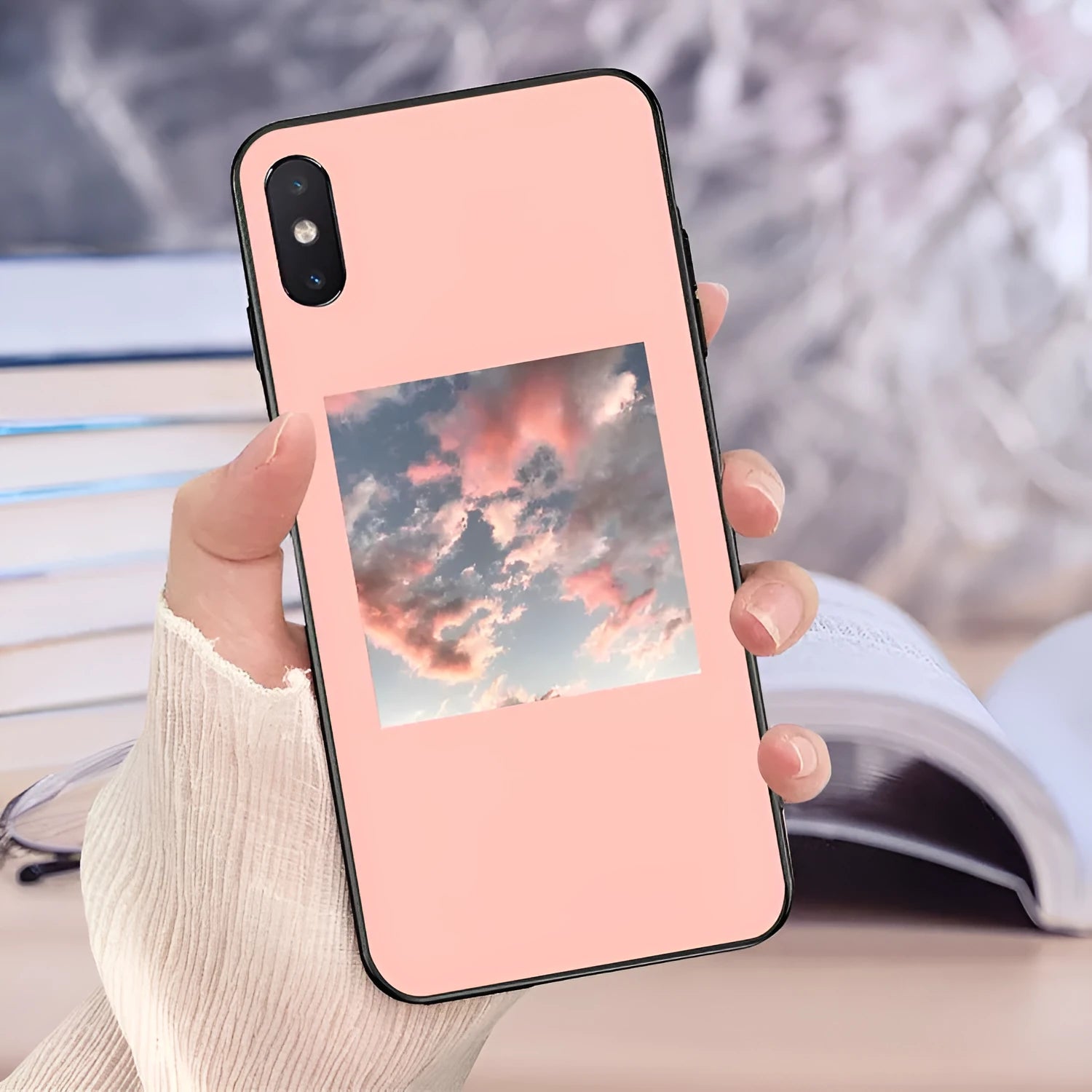 Pink TPU iPhone case with an abstract painted brush stroke, lattice, and broken flower design.