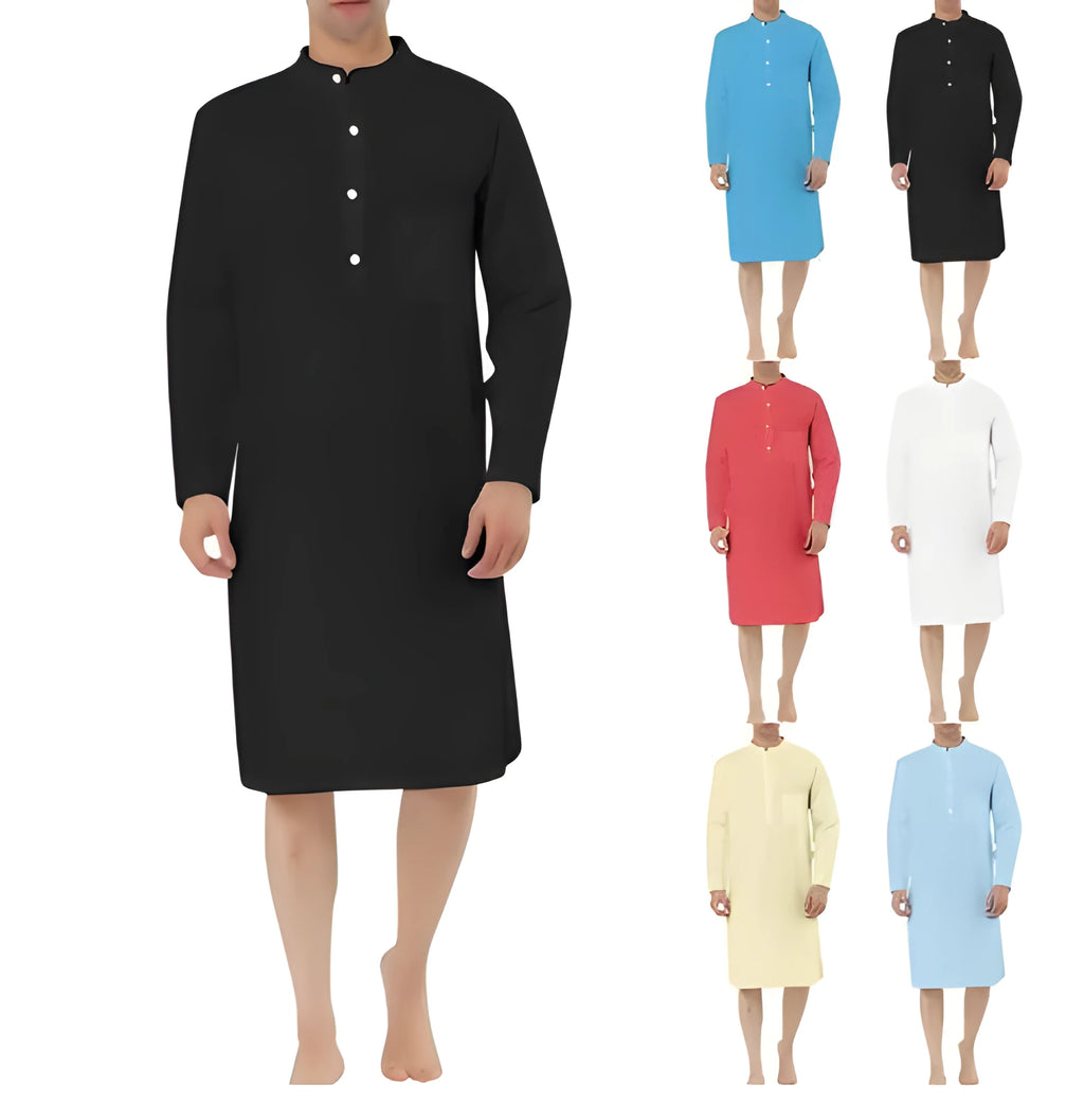 Men's cotton shirt robe in light blue colour with front pocket and shirt-style design