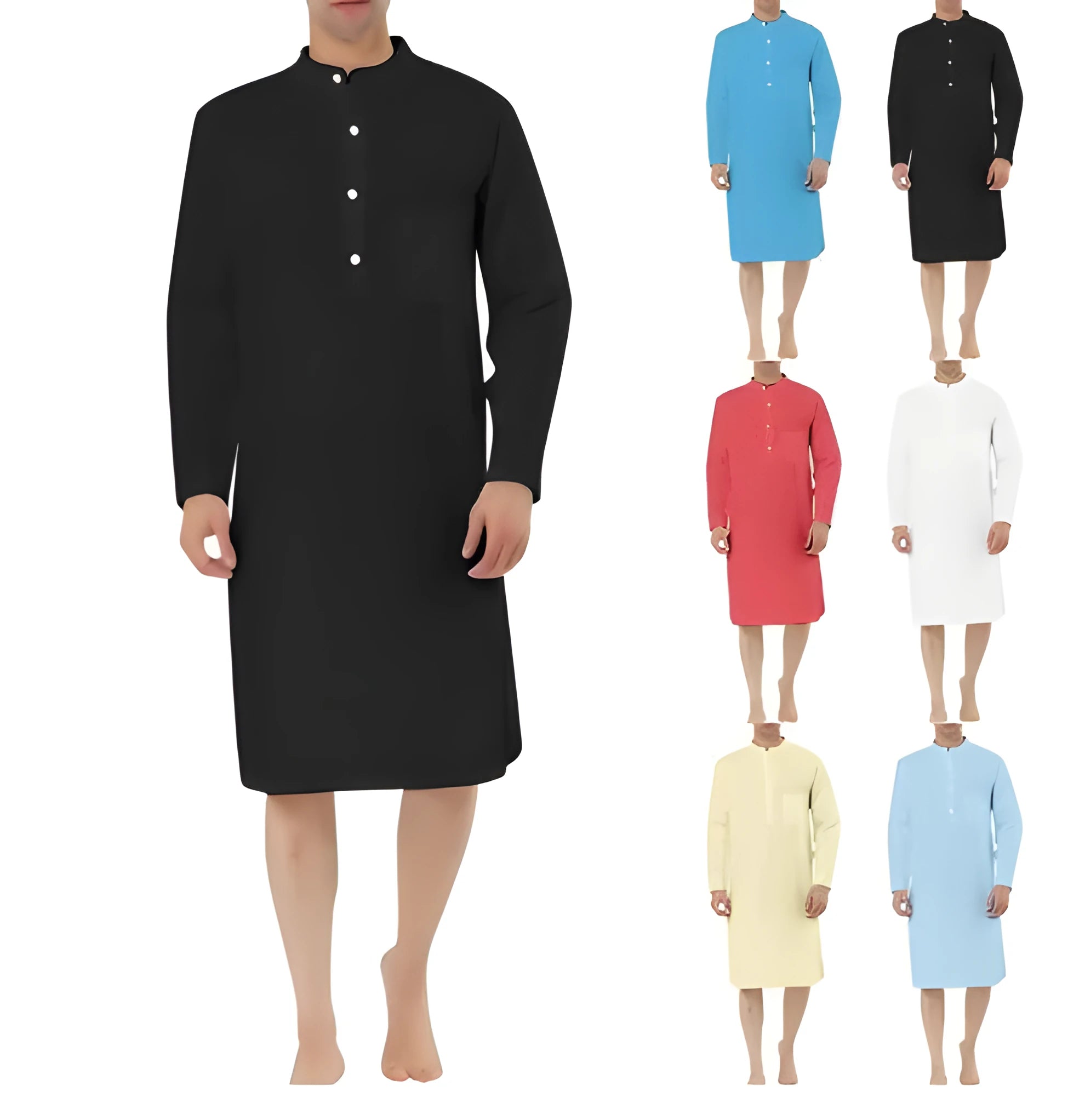 Men's cotton shirt robe in light blue colour with front pocket and shirt-style design