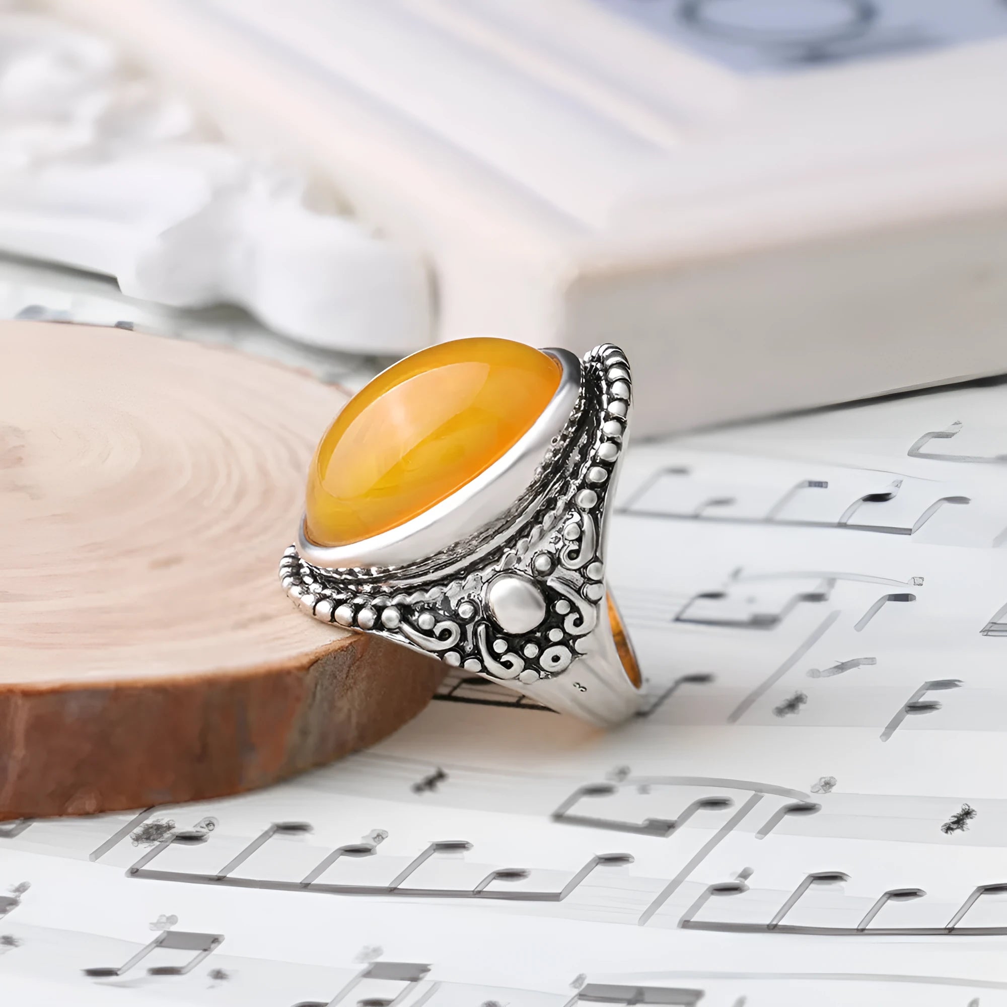 Fluorescent beeswax alloy electroplated ring in antique silver amber colour with a geometric retro design.