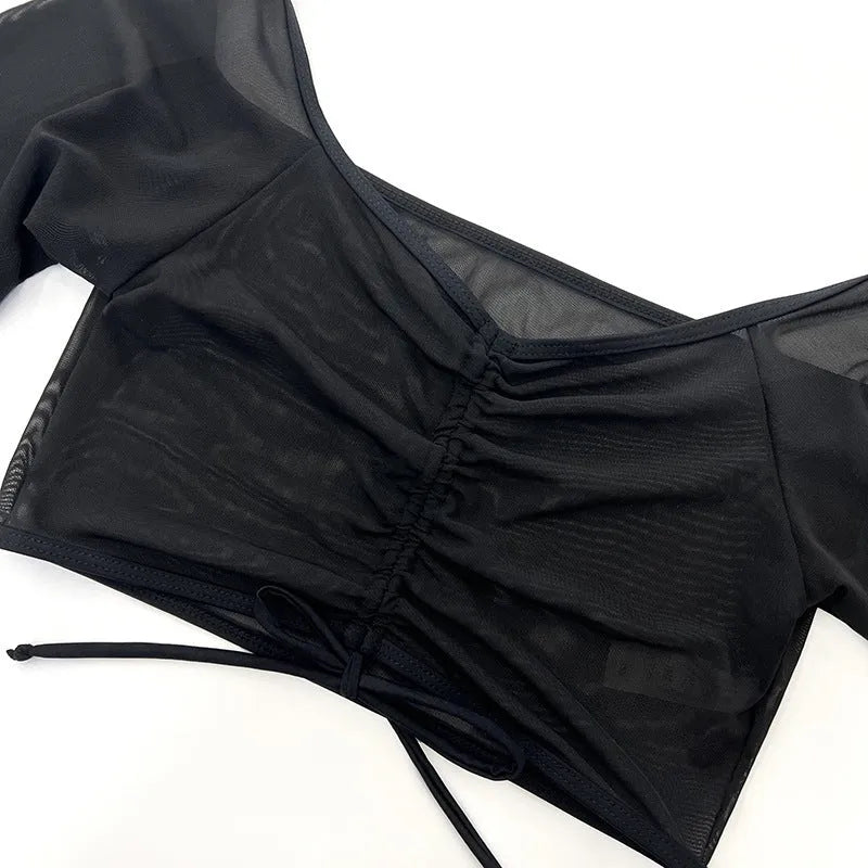 Women's black mesh swimsuit four-piece set with long sleeves for swimming