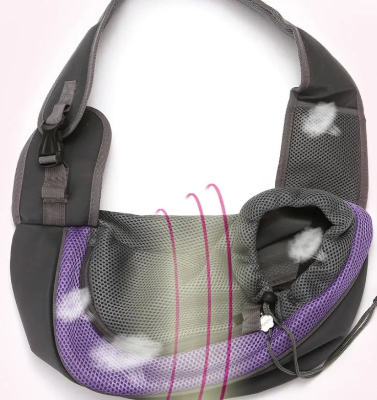 Polyester pet backpack carrier for a small dog, showing clear PVC front panel and adjustable shoulder straps.