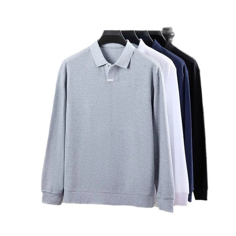 Men's loose fit cotton polo shirt with lapel collar in a neutral colour