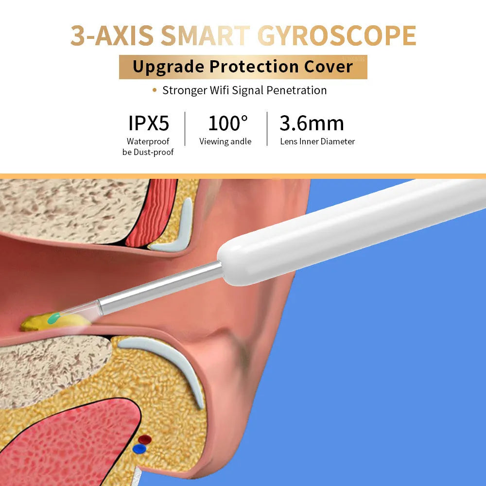 Black NE3 wireless otoscope ear cleaner with camera, Type-C cable, and four spoon heads on a white background.