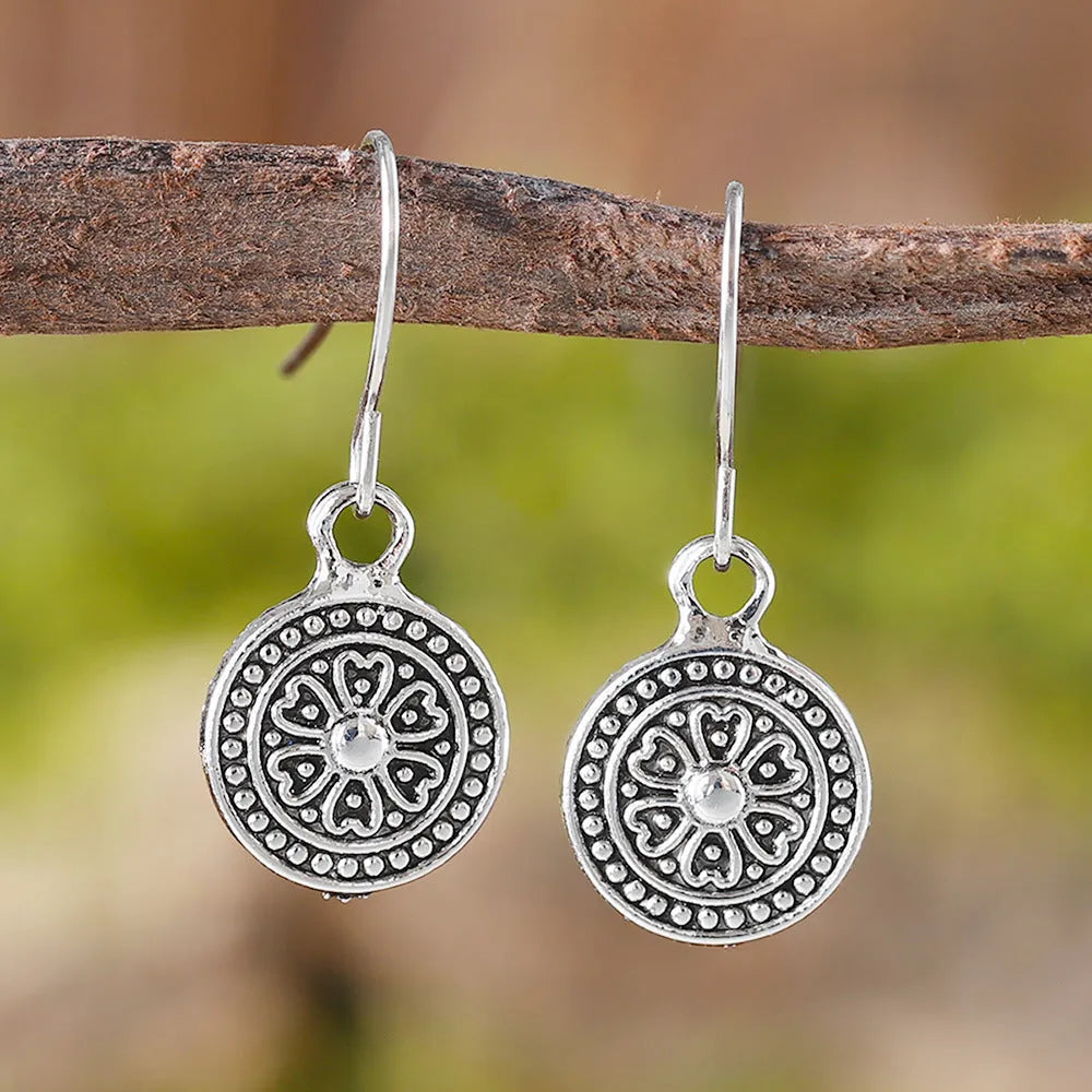 Bohemian retro distressed ethnic earrings with round geometric shape and circular prints