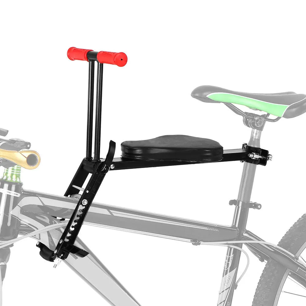 Front child bicycle seat in black with aluminium frame, cushion, handrail, and pedal