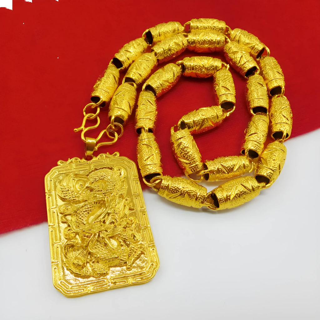 Gold dragon pendant for men, solid 40g metal, animal zodiac style, on display