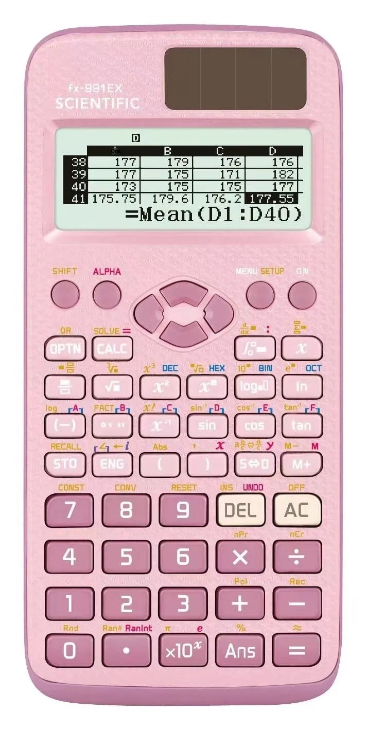 Casio fx-991EX scientific calculator in black, blue, or pink with dot matrix display