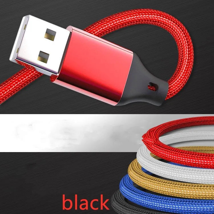 Three-in-one braided charging cable showing red, blue, gold, black, silver, and rose gold colour options