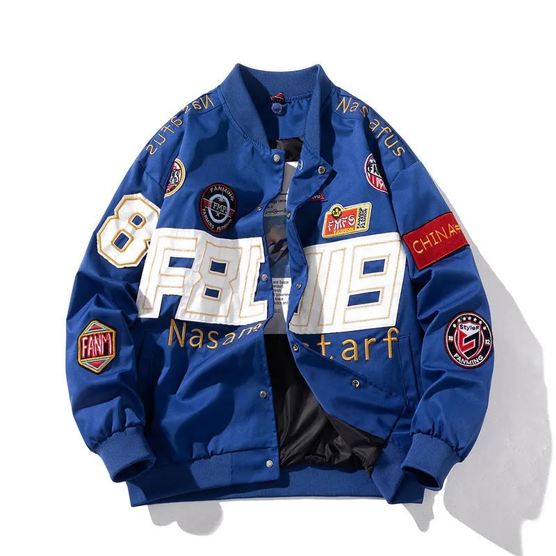 Thick polyester motorcycle jacket for men embroidered baseball design side pockets drawstring sleeves