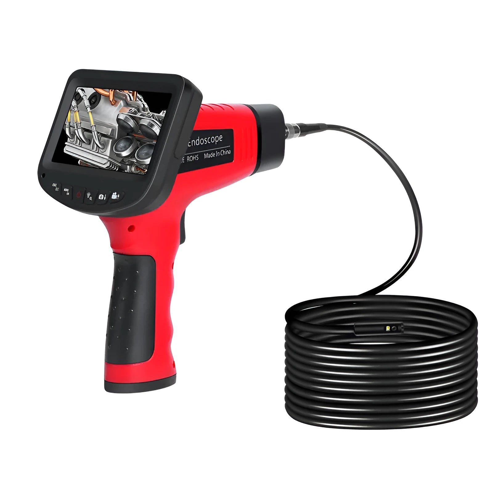 8.5mm diameter dual-lens endoscope camera with a long hard-wire cable for inspection work.