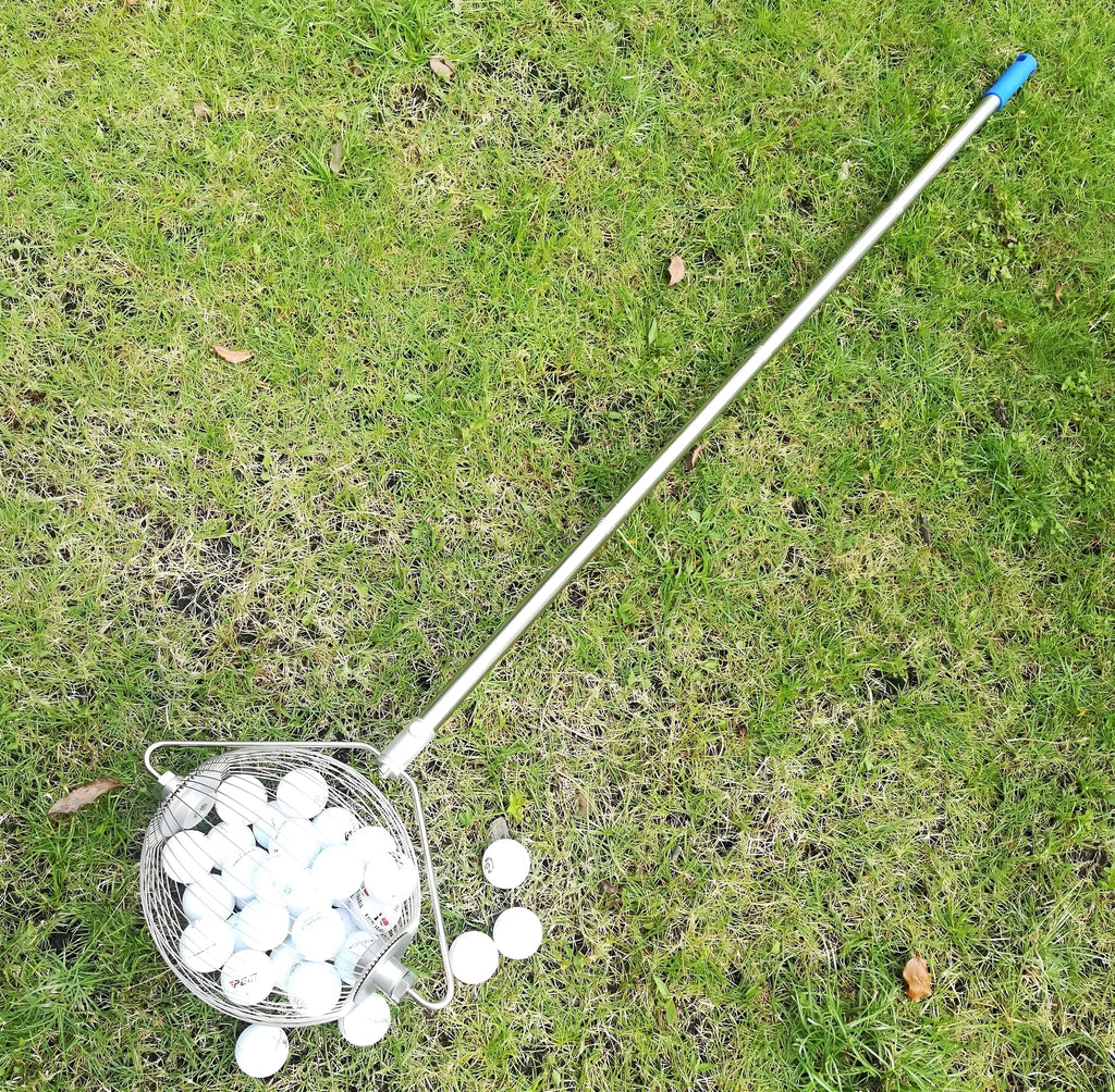 Stainless steel golf ball picker with a metallic finish on a green background.