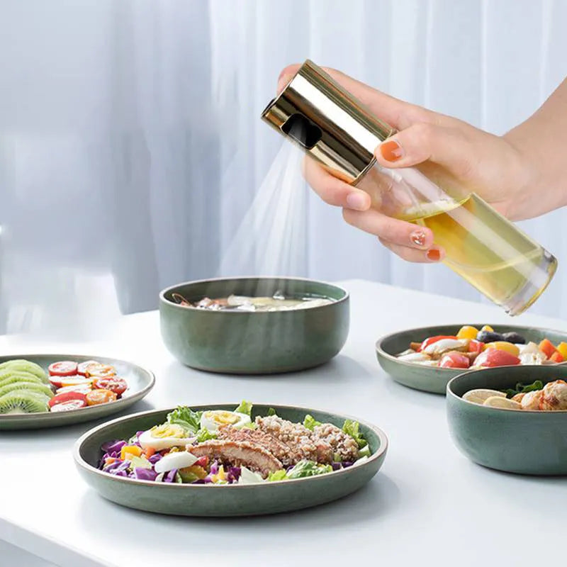 Gold ABS and glass kitchen oil vinegar spray bottle with push pump, 100ml capacity