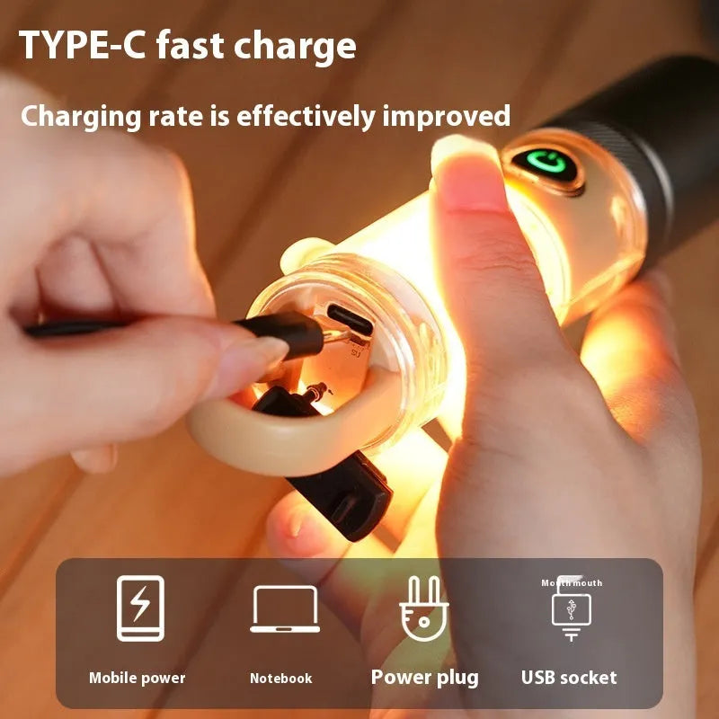 Orange and beige 10W dual-light flashlight with hook and keychain attachment