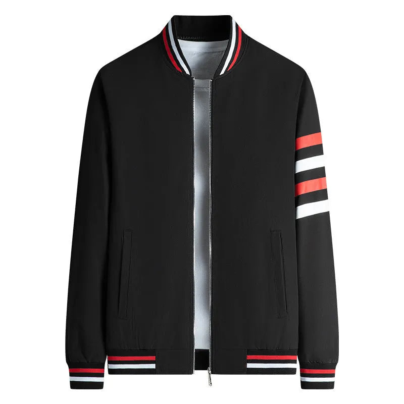 Men's baseball collar jacket with four-bar TB design in khaki, yellow, and black colours