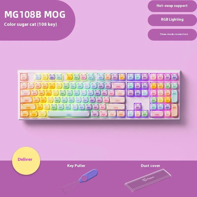 MG108B Coloured Sugar Cat Bluetooth mechanical keyboard with 108 keys and colourful design.