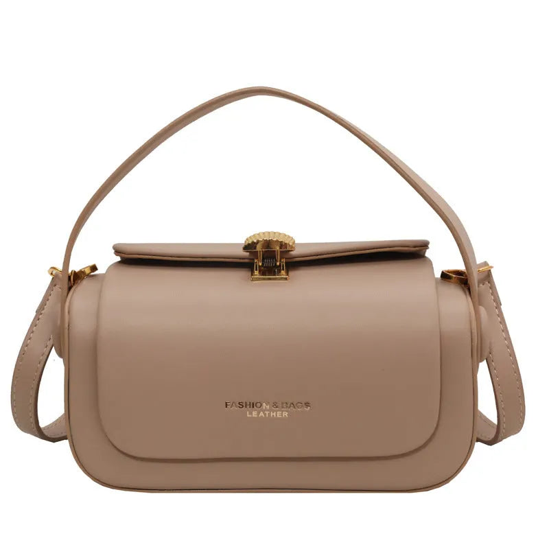Casual women's shoulder messenger bag in PU leather, shown in beige, black, khaki, and pink colours with stitching detail.