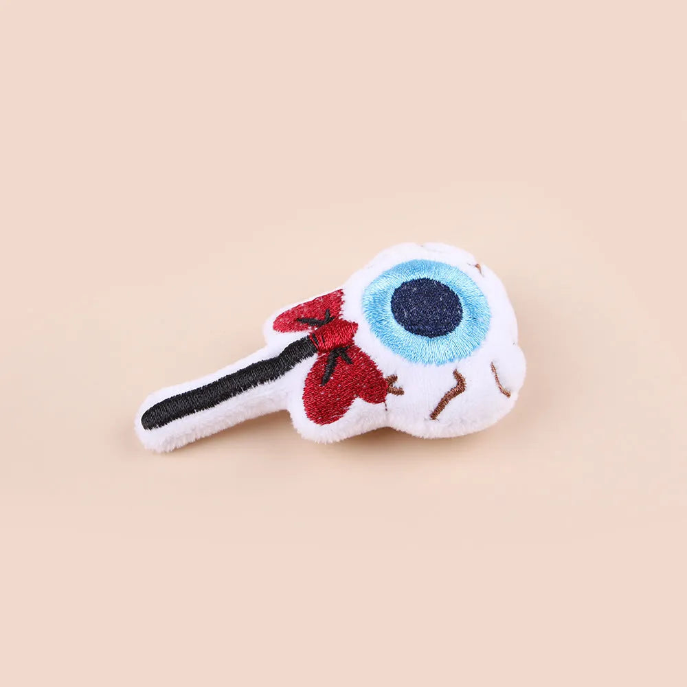 Colourful plush cat teaser toy with flexible wand showing candy and eyes designs
