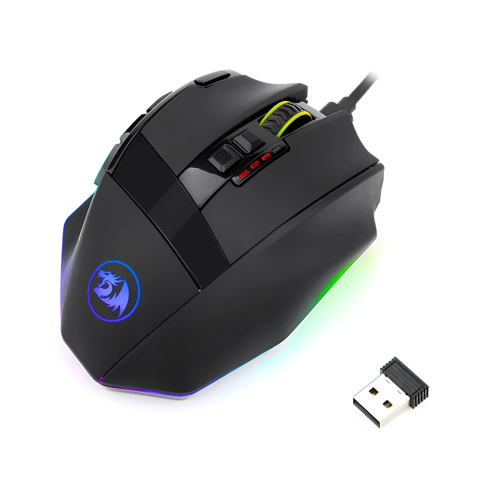 Black Redragon M801P dual mode gaming mouse with nine buttons and adjustable DPI settings