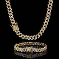 Single row Cuban chain bracelet with AAA zircon set in copper, 9mm width, gold colour, on plain background