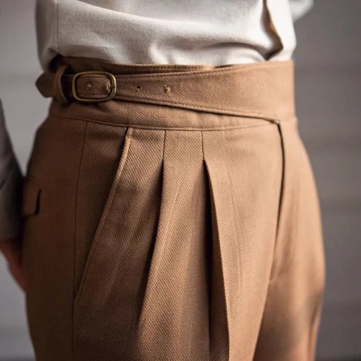 Men's high waist straight leg casual trousers in black, shown flat.