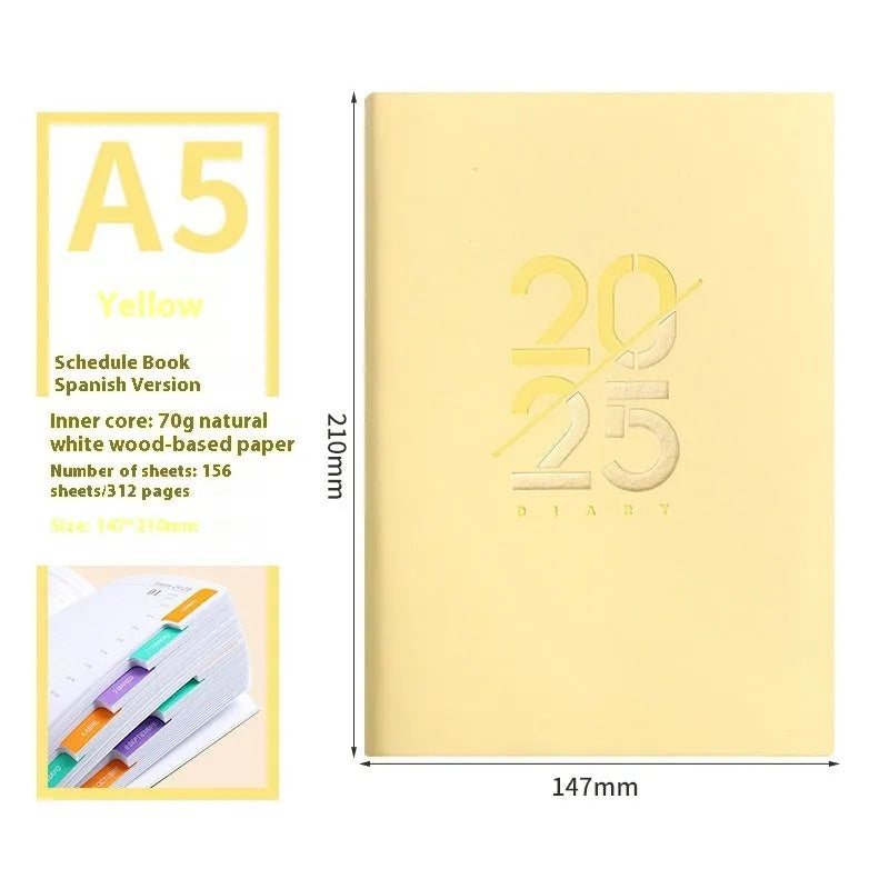 A5 2025 daily planner notebook with soft faux leather cover in multiple colours, open to show lined pages.