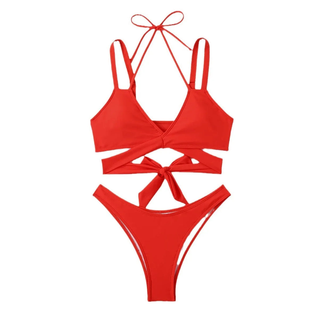Women's solid colour strap bikini swimsuit in black, red, blue, rose red, or white.