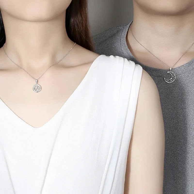 Sun Moon Tooth Couple Necklace with copper pendants on cross chain for men and women