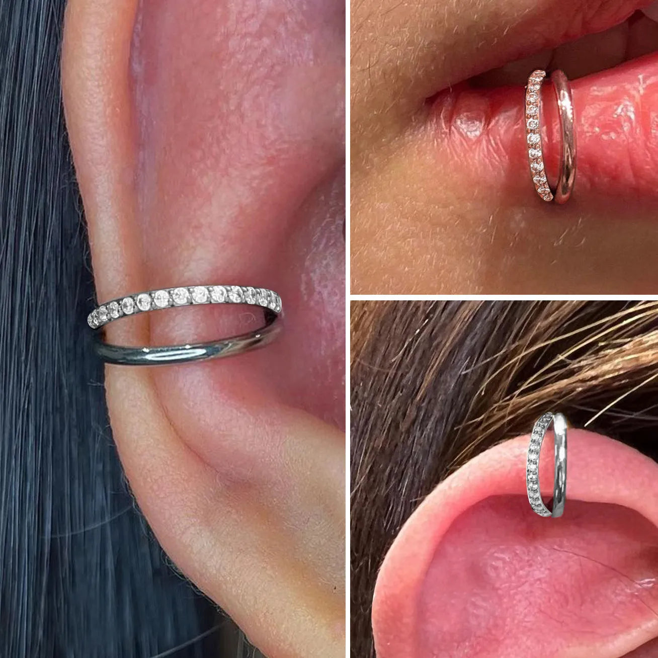 Titanium alloy nose ring showing plain and diamond-set versions in silver, gold, black, and rose gold colours.