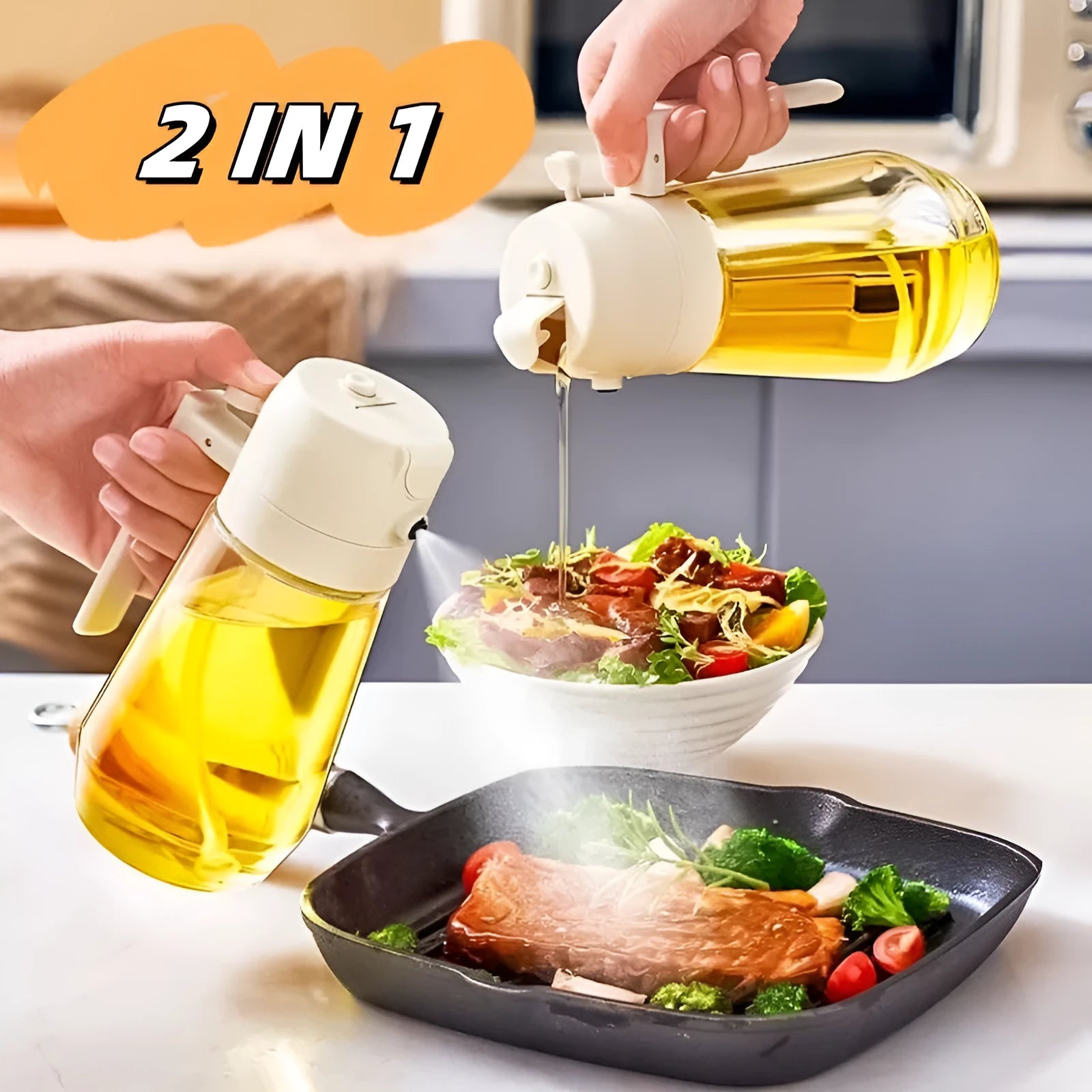 470ml glass olive oil sprayer dispenser bottle in beige, black, green, or yellow colours with ergonomic handle