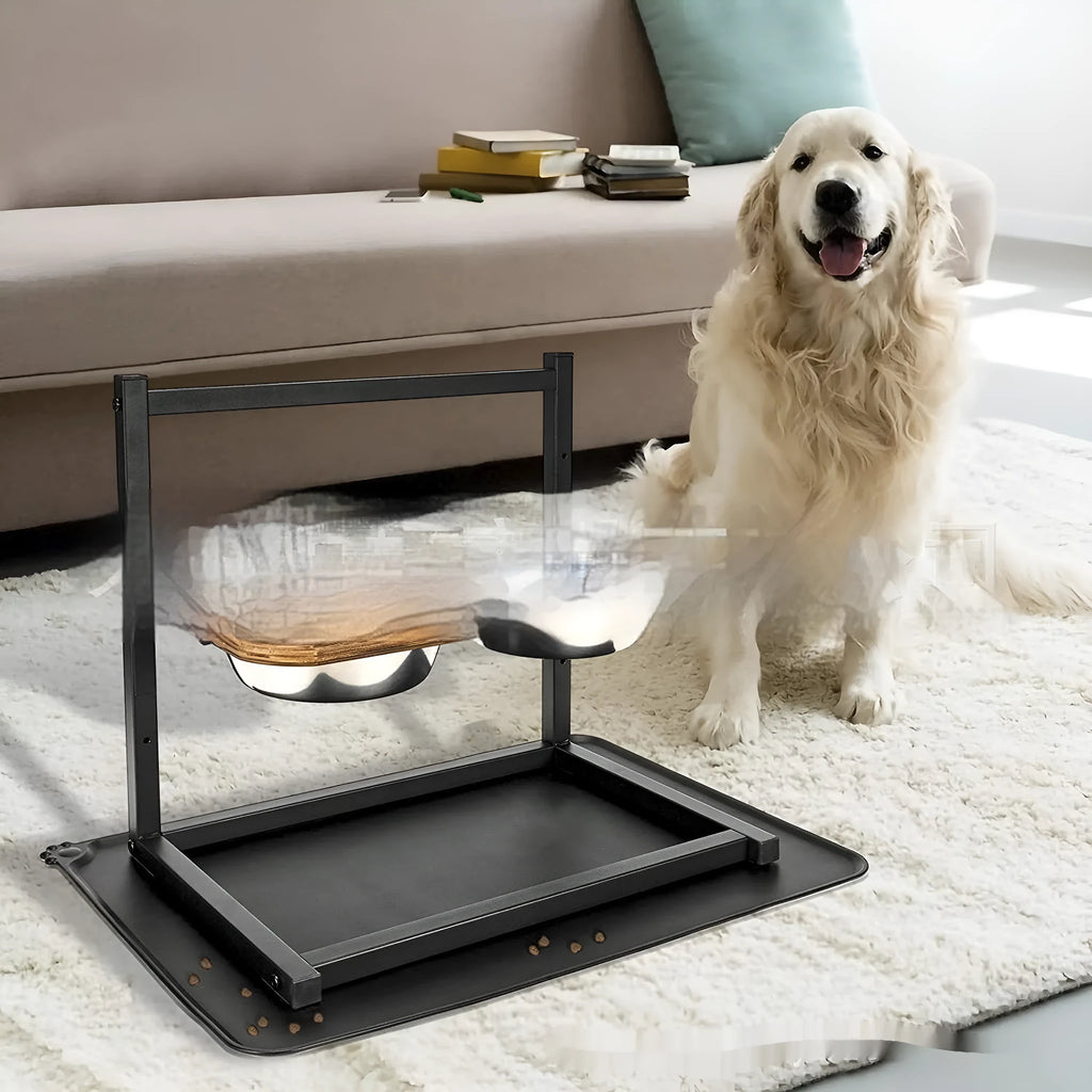 Black iron elevated dog feeding stand holding three different sized bowls for large breeds.