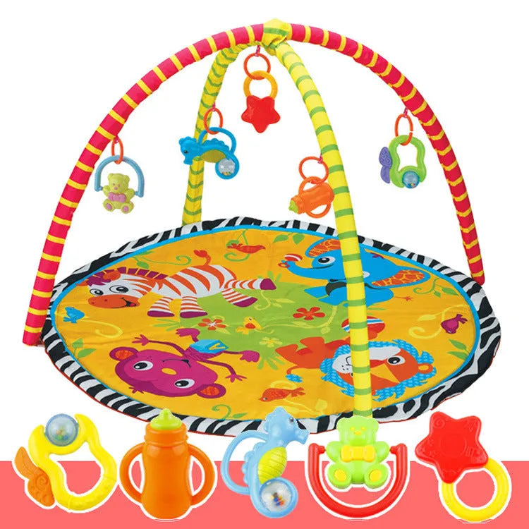 Colourful baby gymnastic blanket with velvet fabric and animal toys for crawling play.