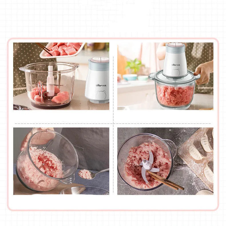 Household electric vegetable chopper with 2L glass bowl and double-layer four-leaf blade