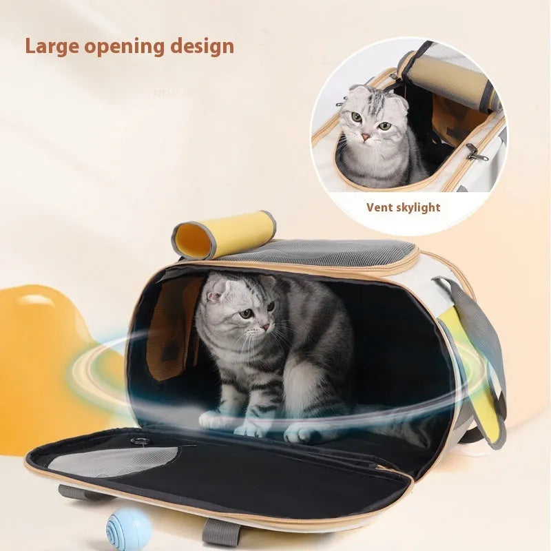 A foldable single shoulder pet bag made from canvas in black, green, or yellow.