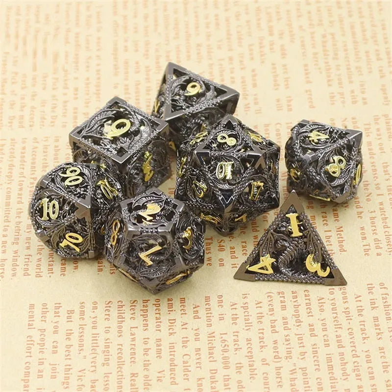 7-piece hollow copper electroplating dice set in multi-colour right-angle style, DND dice on gaming mat