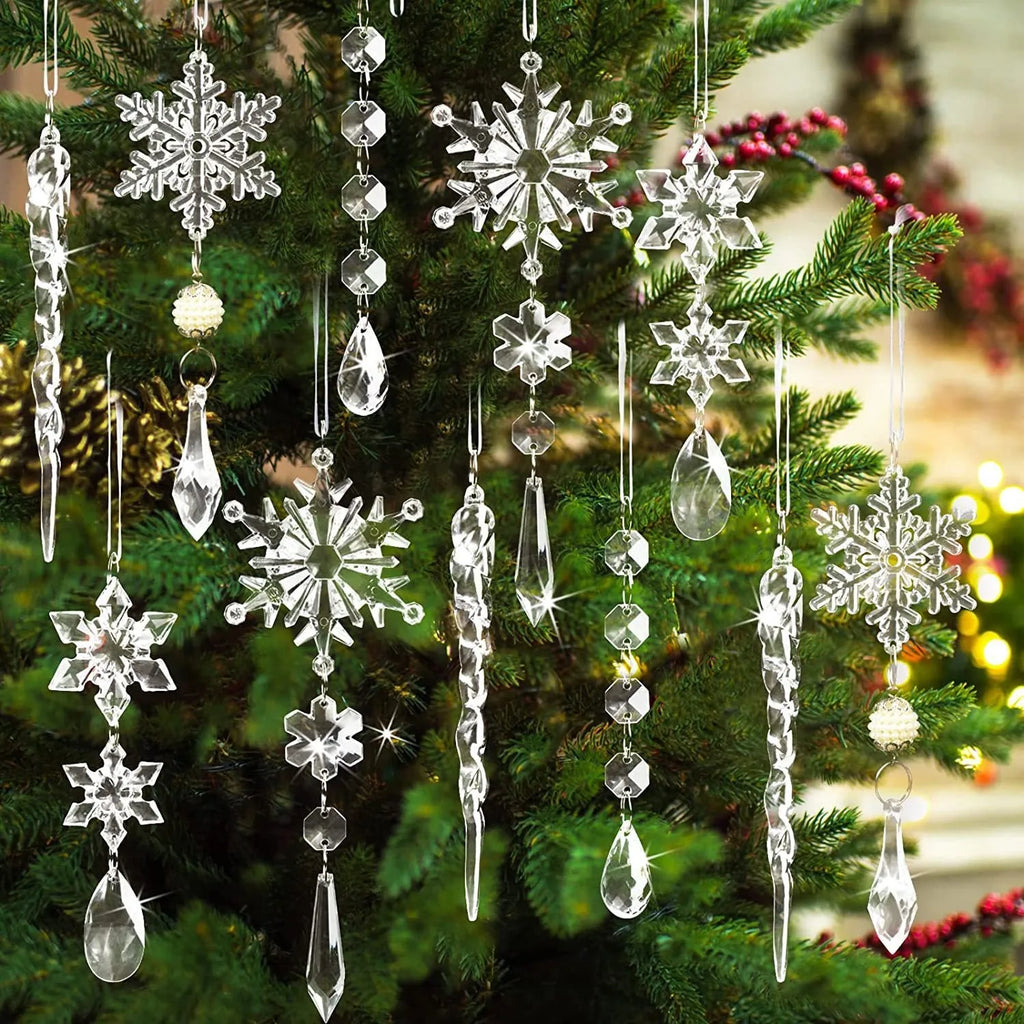 10 clear acrylic Christmas tree hanging ornaments with ribbons for indoor outdoor decoration