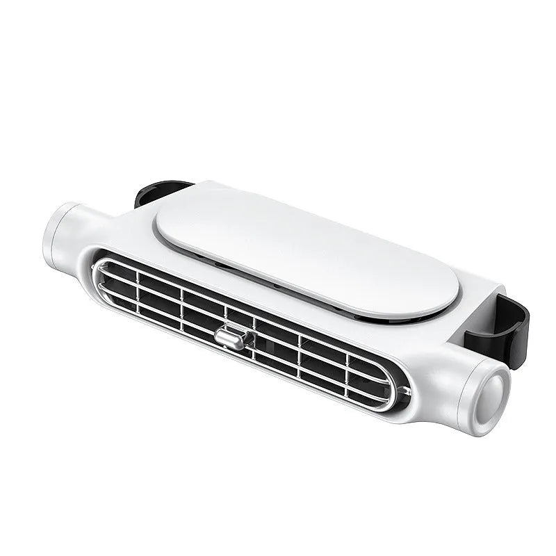 USB-powered bladeless car fan with velcro mount in black, white, or beige