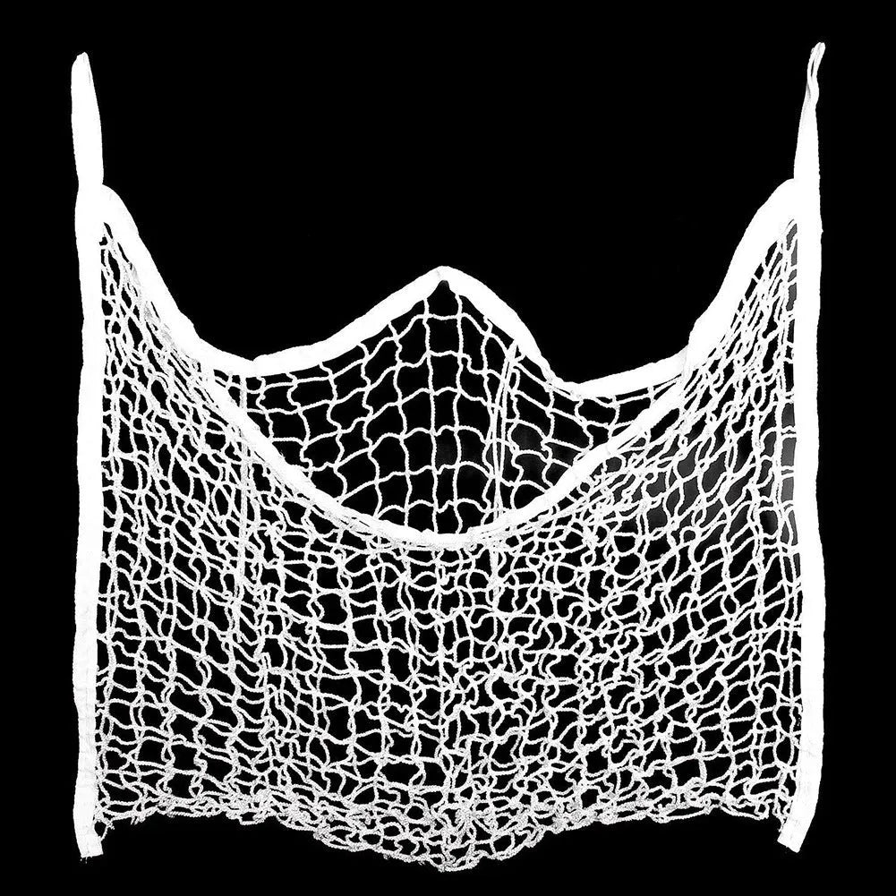 Black woven PE rope grid hanging feeding bag for horses and cattle.