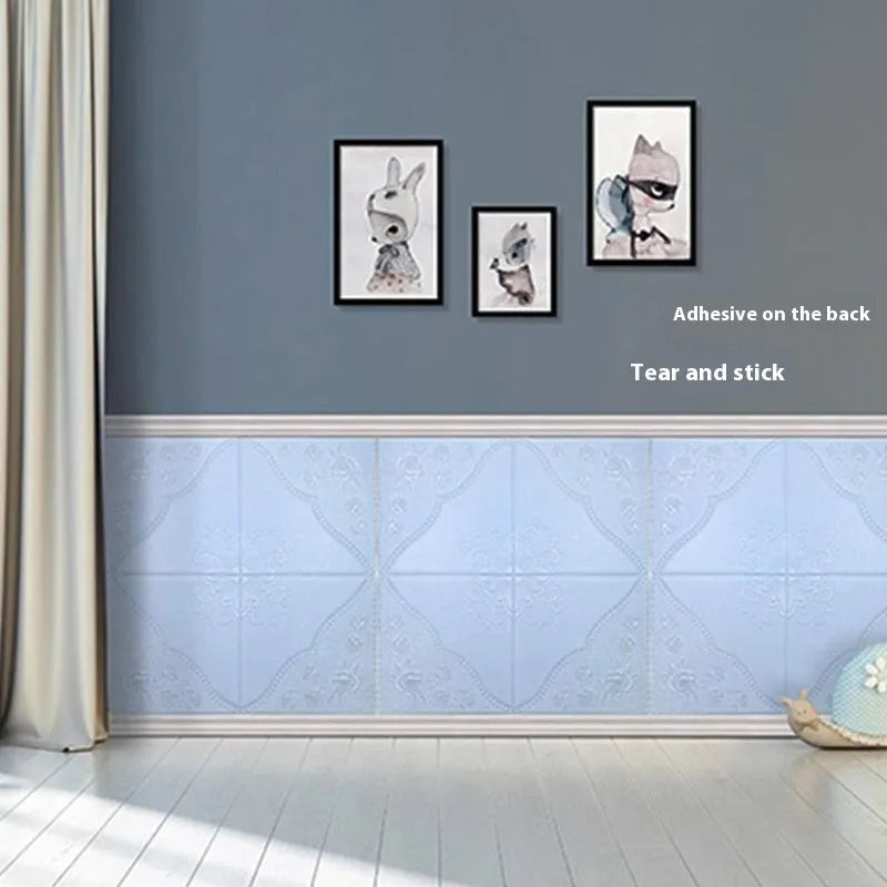 Light blue self-adhesive foam wall sticker with a three-dimensional plants and flowers pattern, shown at 70cm by 70cm.