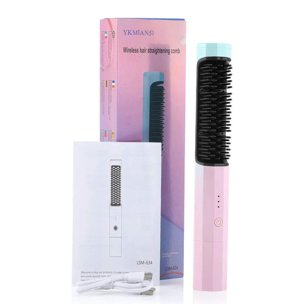 Pink cordless straightening comb with USB charging port and anti-scald design