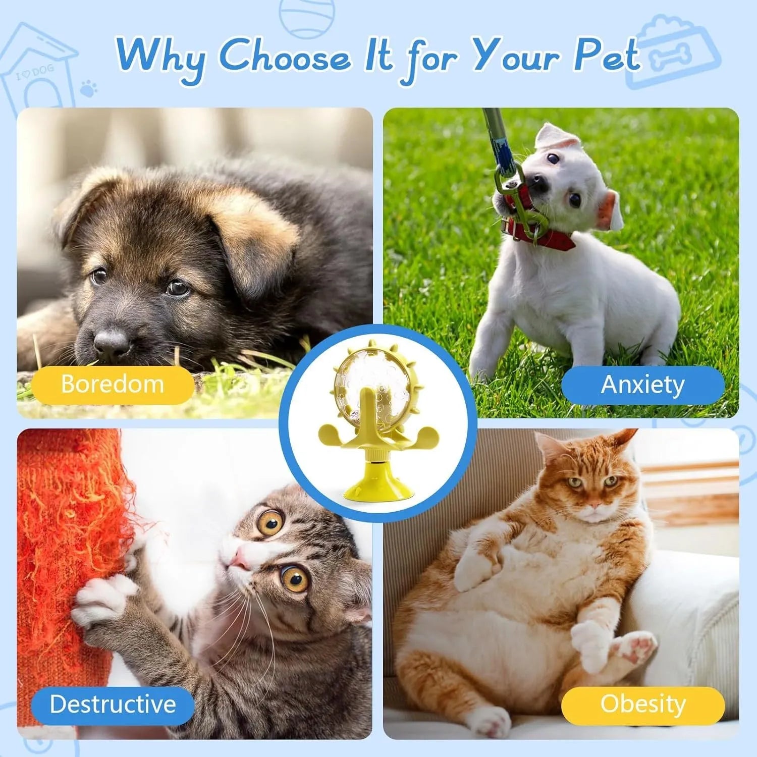 Interactive pet puzzle toy with spinner and sucker base in blue, green, red or yellow for cats and small dogs.