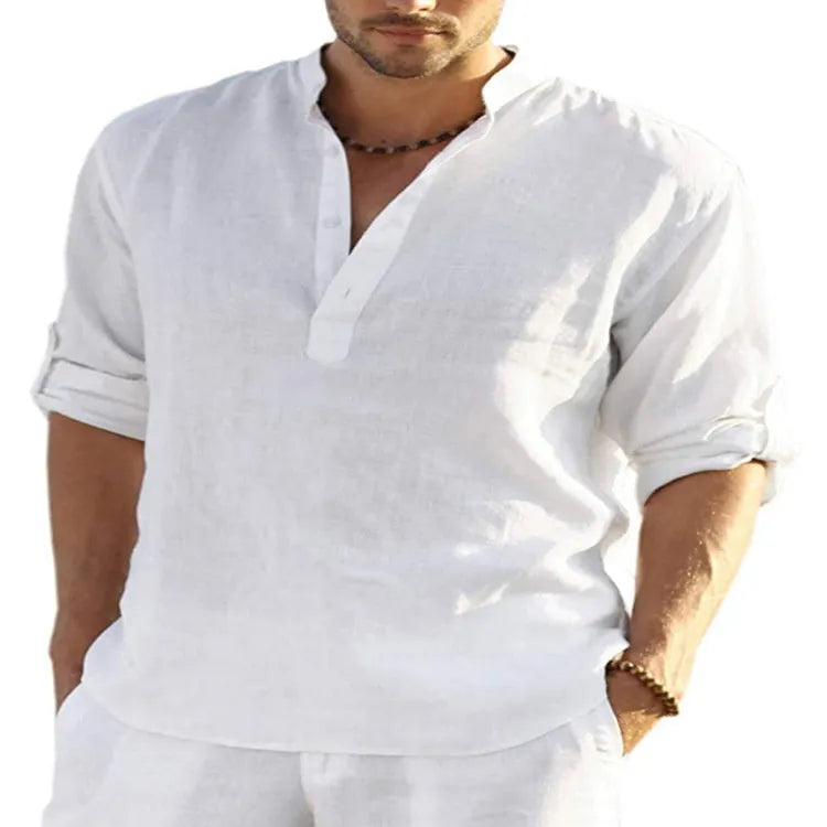 Men's slim-fit long sleeve shirt in a cotton linen blend with a stand collar, shown in a light blue colour.