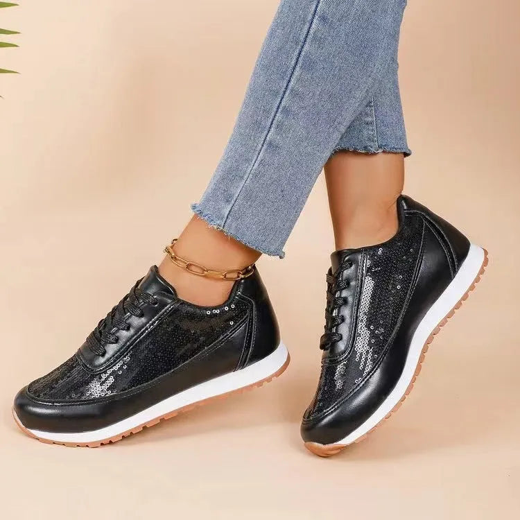 Women's black thick-soled casual sneakers with a square toe and PU leather upper.