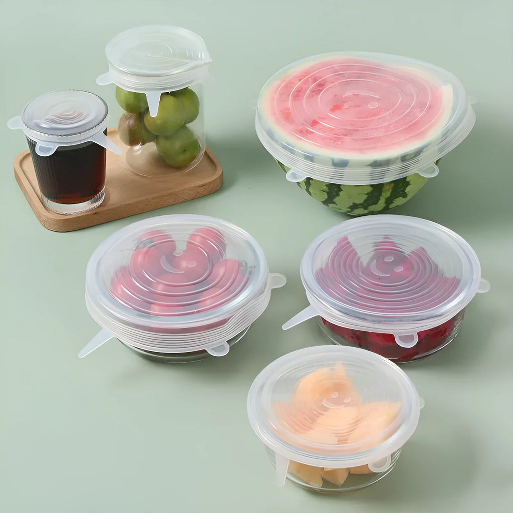 Six silicone stretch food covers in different sizes from 6.5cm to 20.5cm diameter