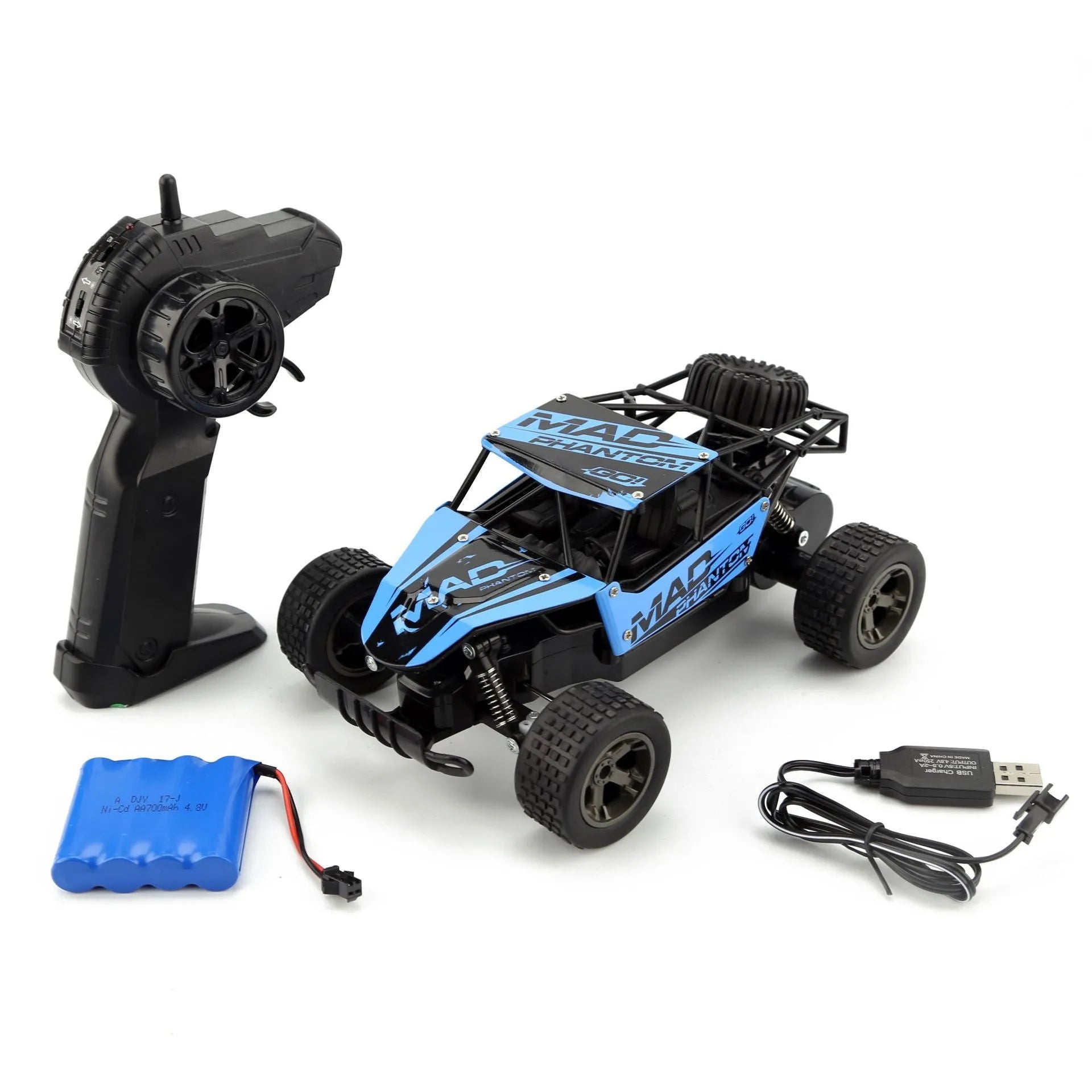 Blue 1:18 scale remote control drift car with 2.4GHz transmitter on black surface