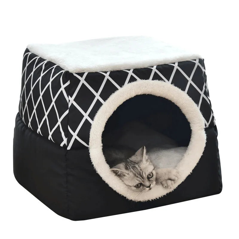 Closed cat room space box pet nest in grey velvet with enclosed design and high density sponge filling