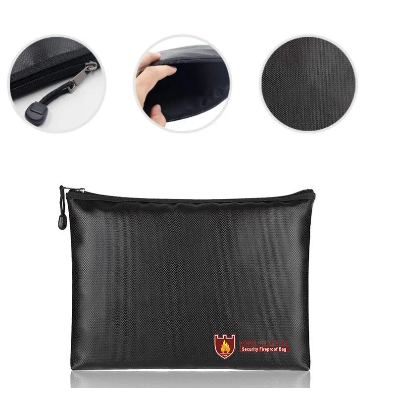 Black fire-proof contract document bag with adjustable internal compartments shown in three size options