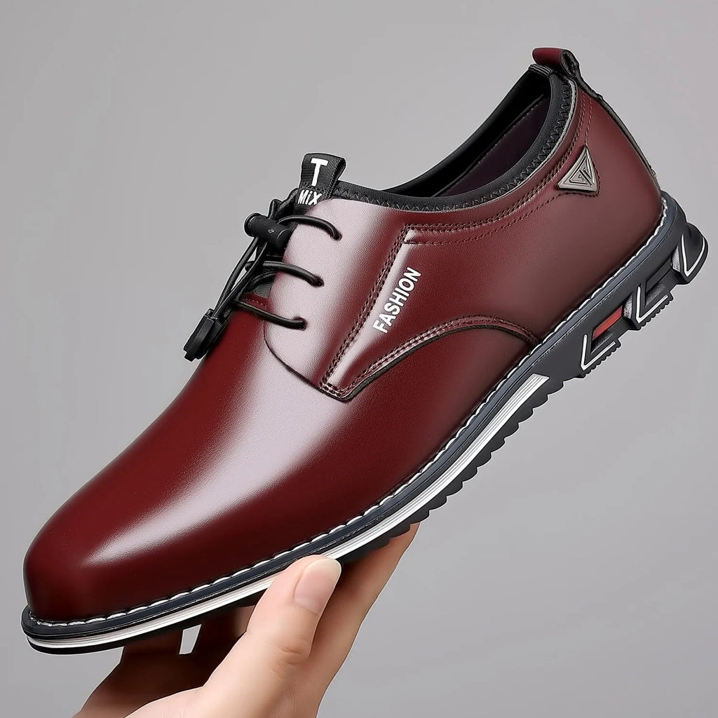Plus size men's casual leather shoes with artificial PU upper, elastic band, black colour, low top round toe, rubber sole, size 38 to 52