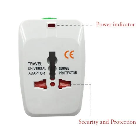 White universal travel plug socket converter for multi-country charging on a blue background.